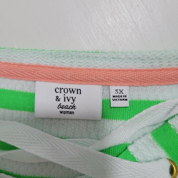 Crown & Ivy Beach Women's Green & White Striped Light Sweater Lace Up Neck 3X - Picture 5 of 6